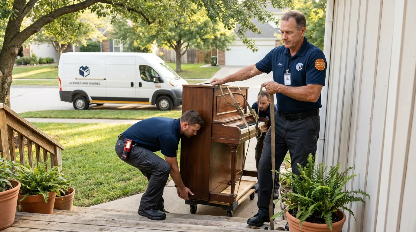 Licensed piano movers securing grand piano in Eagle Grove, IA