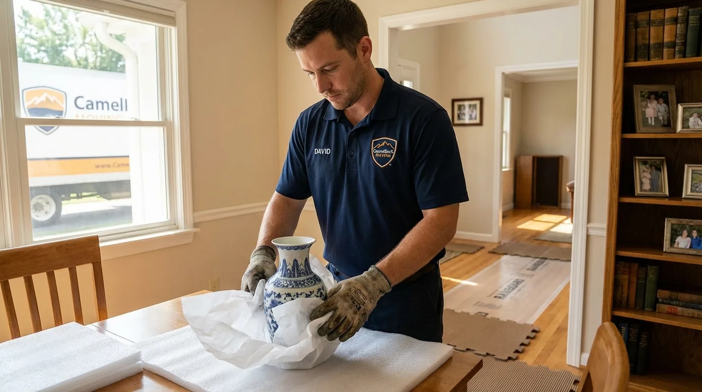 Professional crew carefully wrapping antique vase for senior downsizing move in Eagle Grove, IA